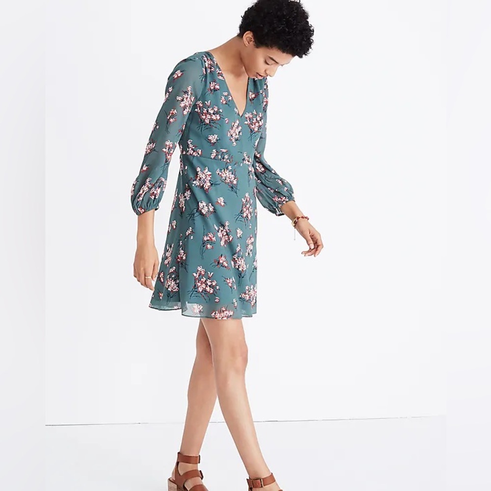 Madewell Marguerite green floral long sleeve v neck mini dress cherry blossom